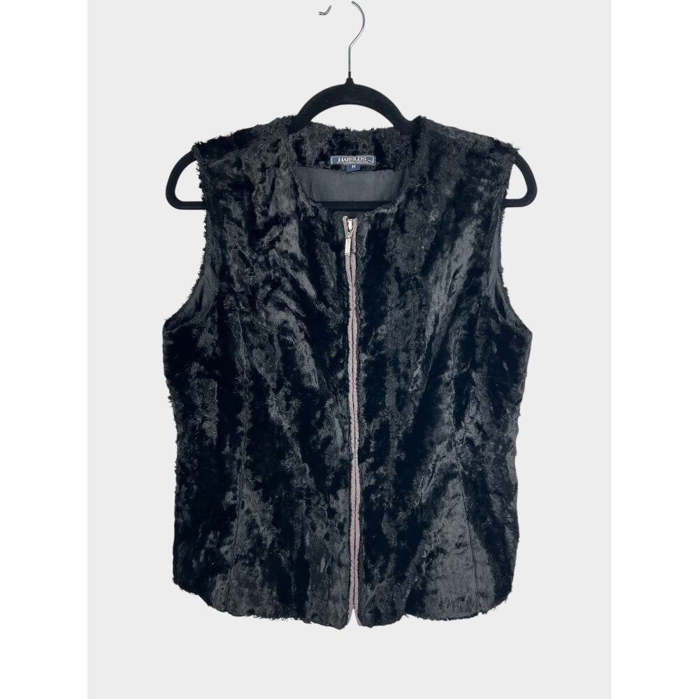 Harold’s Black Faux Fur Vest‎ Zip Front Sleeveless Women’s Medium Goth Chic